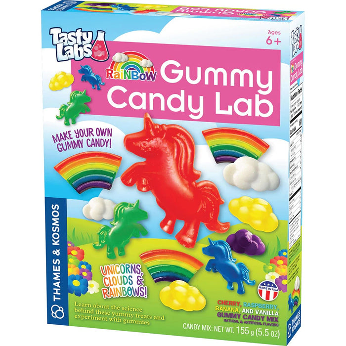 Tasty Labs Rainbow Gummy Candy Lab packaging with unicorn and rainbow designs on a white background