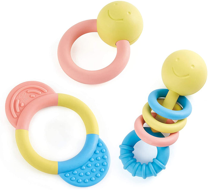 Set of colorful baby teething rings on a white background