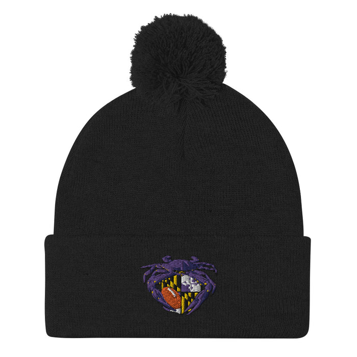 Raven Crab Football Maryland Crest, Embroidered Beanie Pom-Pom