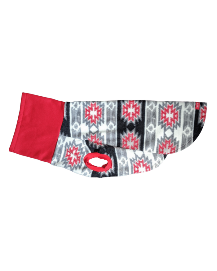 Side display of Jax & Molly's Aztec fleece dog sweater in red, gray, white, and black colors