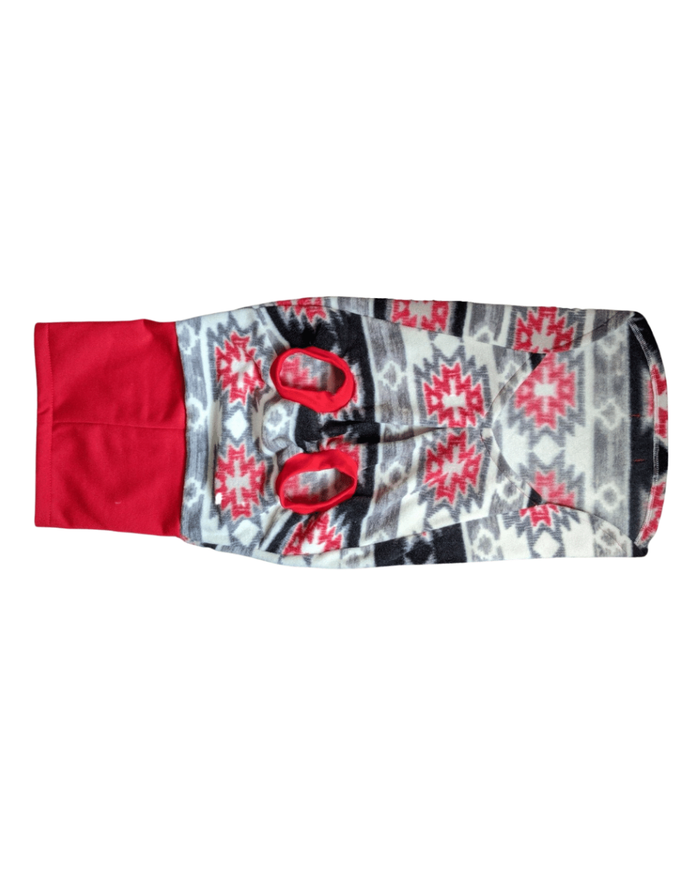 Underbelly view of a red, gray, white, and black aztec fleece dog sweater paired with a red sweatshirt turtleneck.