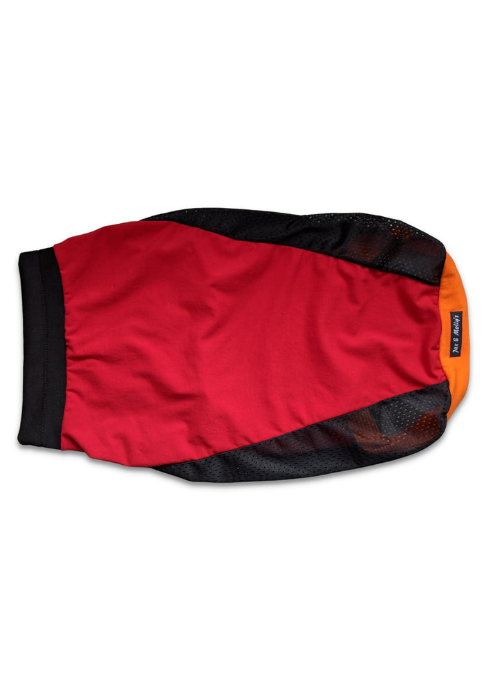 Breathable red and black dog jersey tank with mesh back panel
