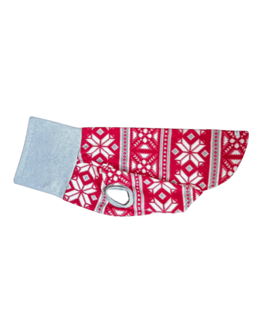 A red and grey fairisle dog sweater with a Christmas pattern and a grey turtleneck
