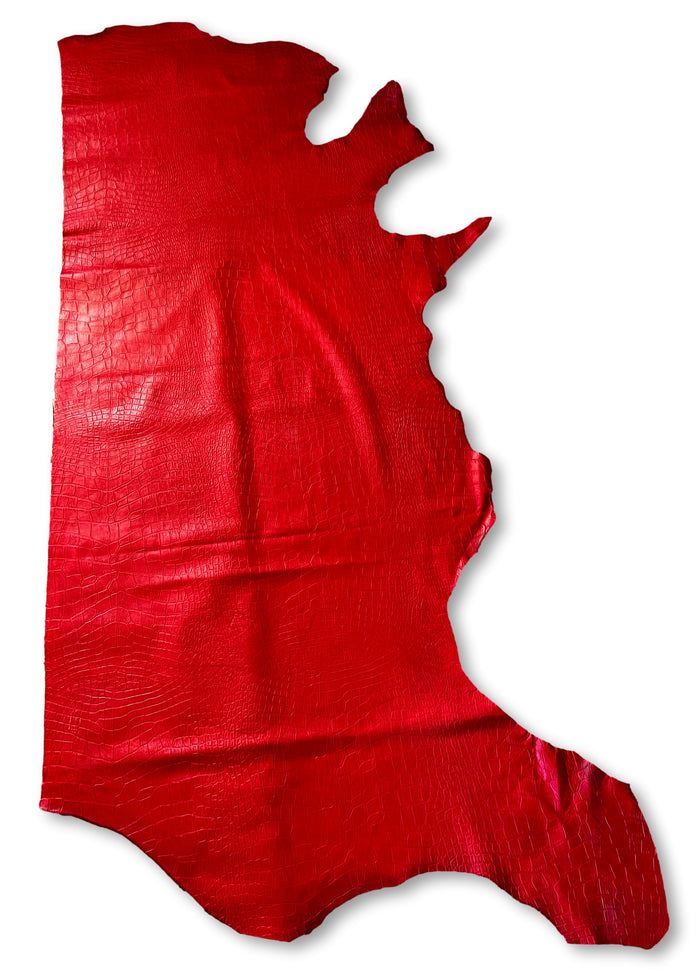 Red Alligator Embossed Cowhide shown to display leather shape and cutting area