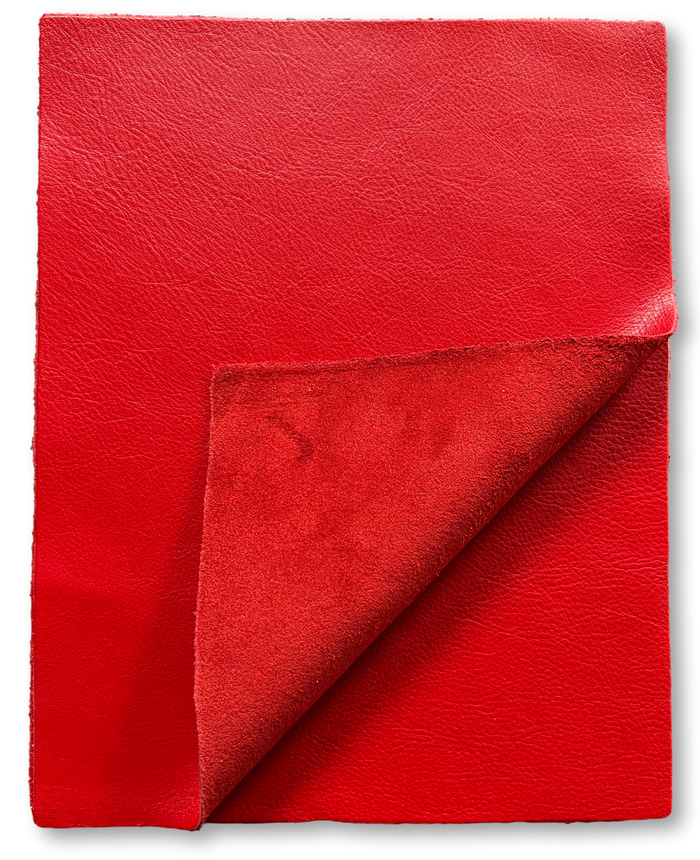 Close-up of Red Cowhide Leather Sheets, 8.5 × 11 in showing grain, texture, and finish