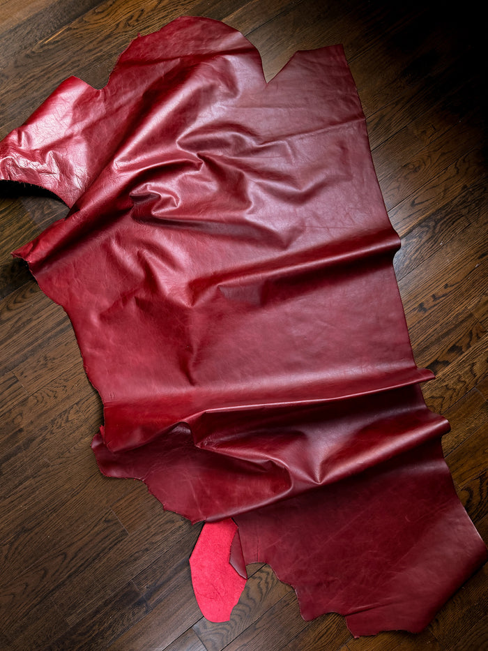 Red Pull-Up Cowhide close view showing grain and texture