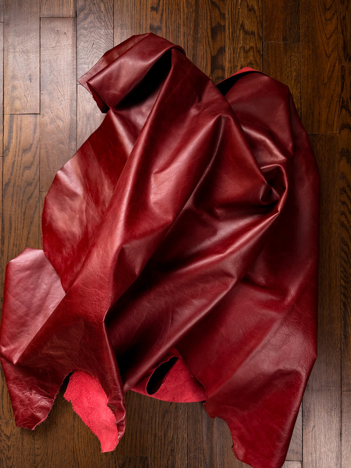 Red Pull-Up Cowhide surface detail showing texture and finish