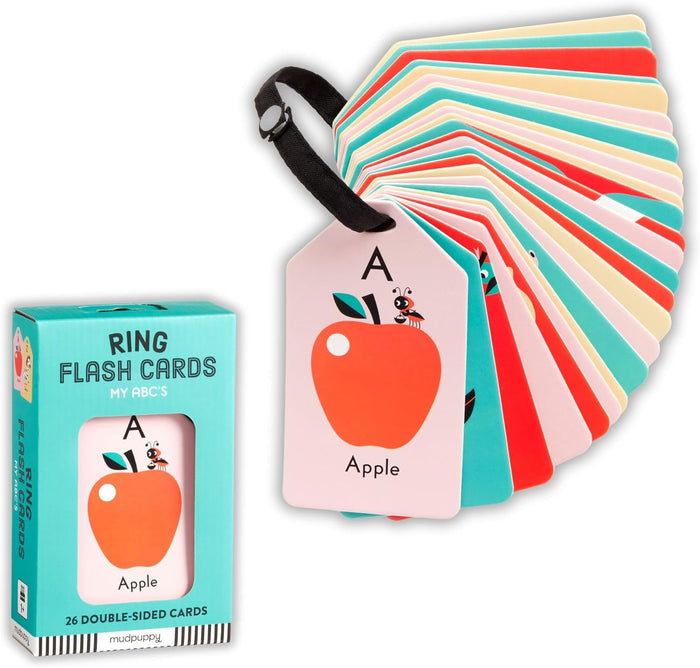Ring flash cards with alphabet and picture cards, including an 'A' card with an apple illustration.