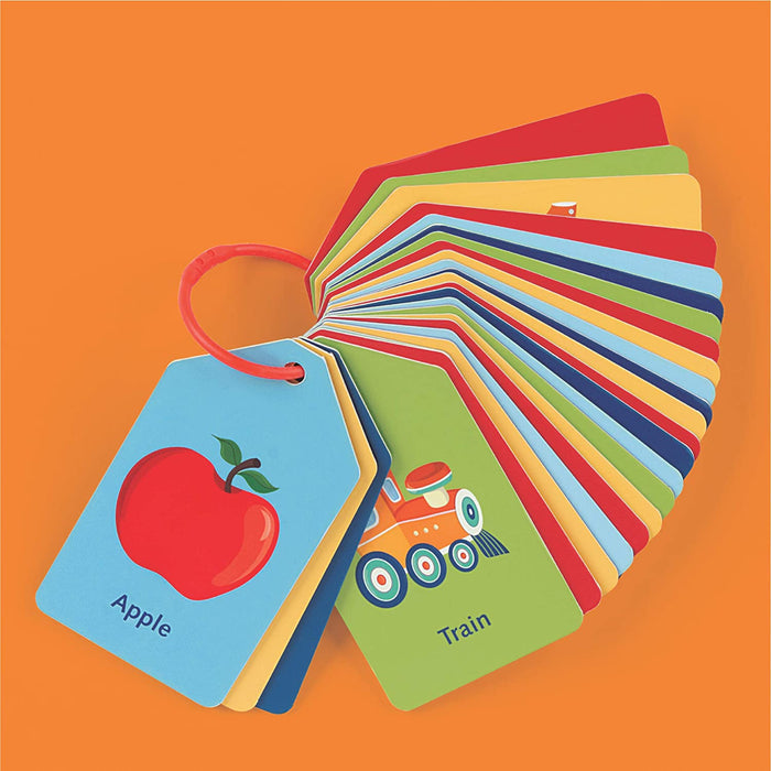 Colorful ring flash cards on an orange background