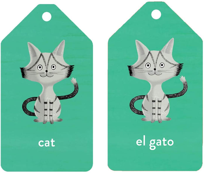 Green Spanish to English "cat" and "el gato" flash cards on a white background