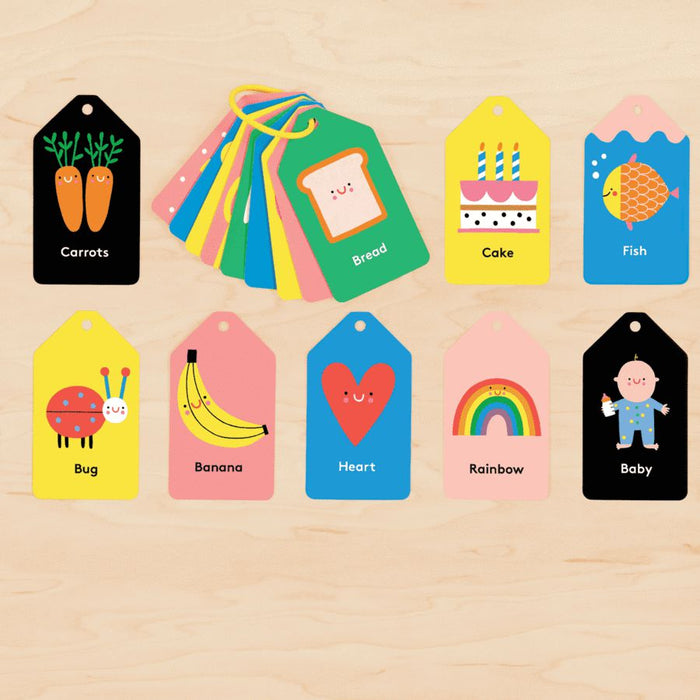 Ring flash cards displayed on a wooden background
