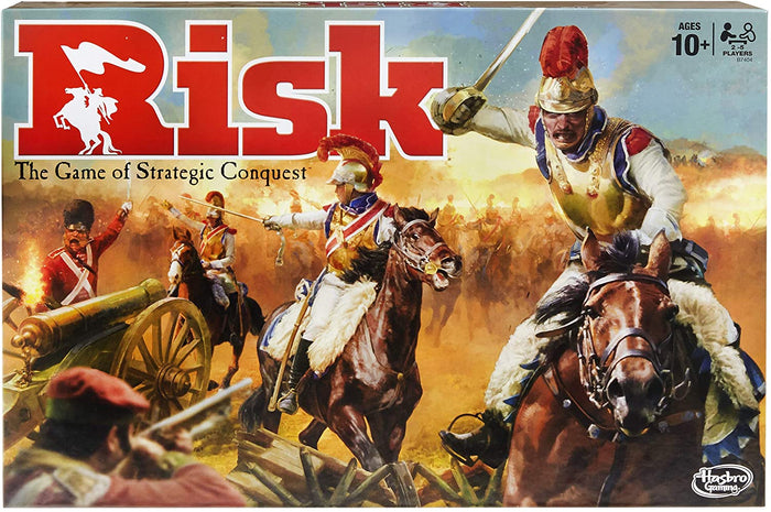 Risk packaging featuring a battle sequence with men with swords on horses and a cannon