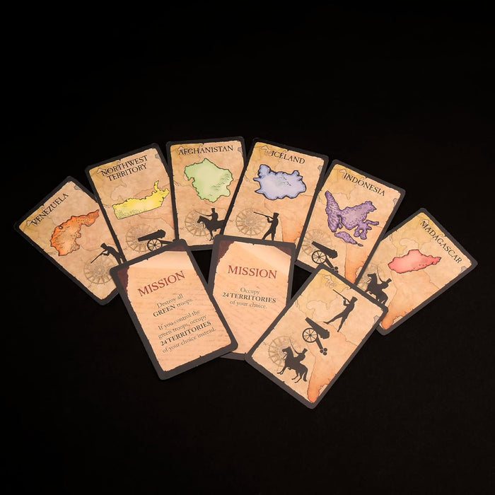 Set of themed Risk cards with various designs on a black background