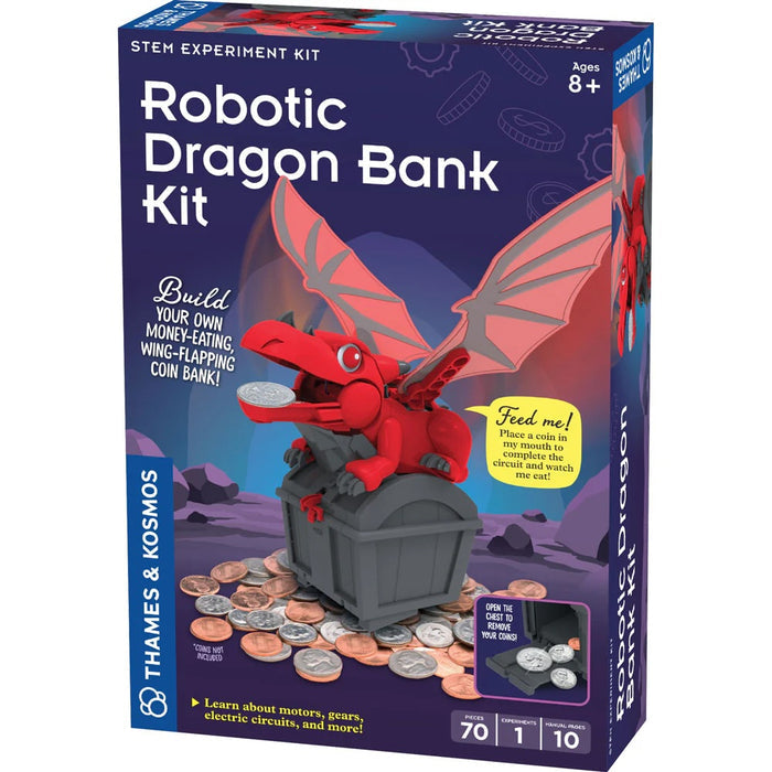 Robotic Dragon Bank Kit packaging with red dragon and coin bank on a blue background