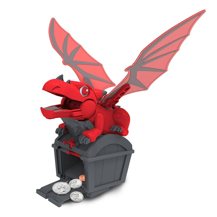 Red dragon toy with open mouth and wings on a white background