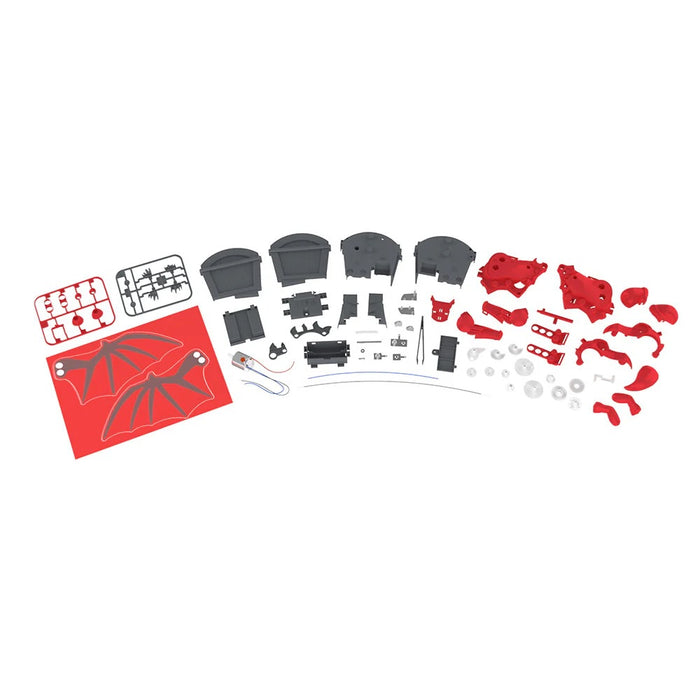 Model building kit with red and black parts on a white background