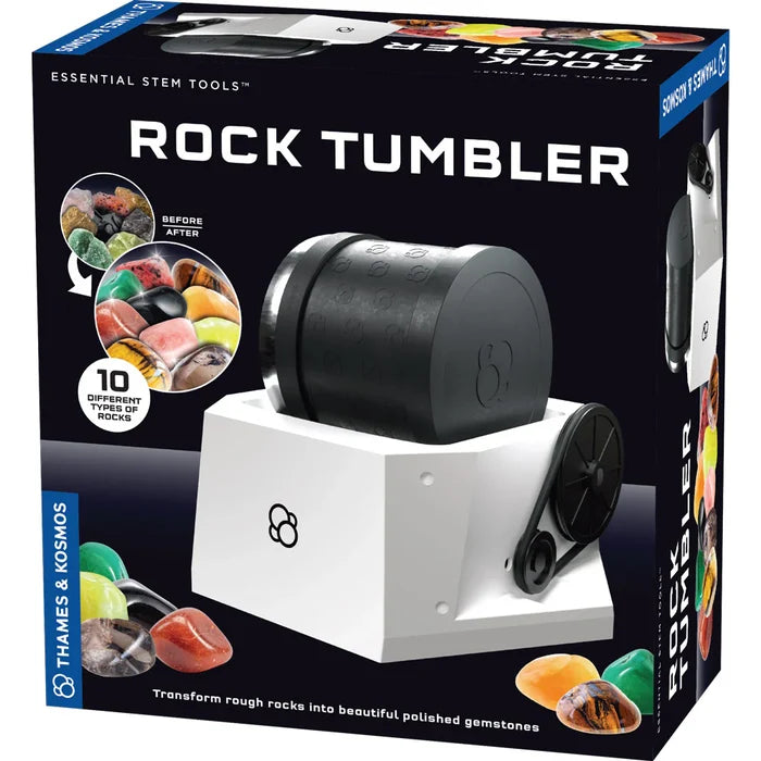 Box of a rock tumbler with images of polished stones on a black background