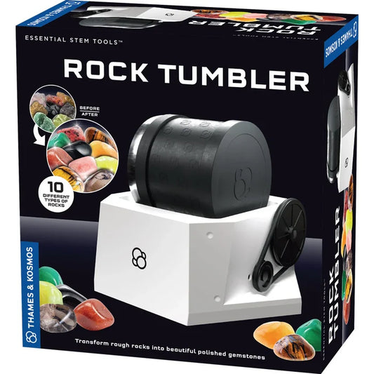 Box of a rock tumbler with images of polished stones on a black background