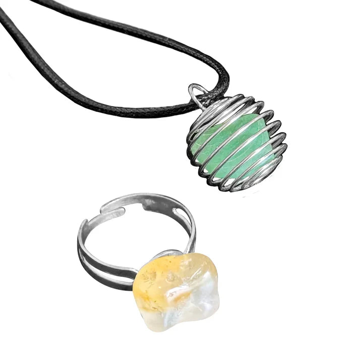 Necklace with green stone pendant and ring with yellow stone on a white background