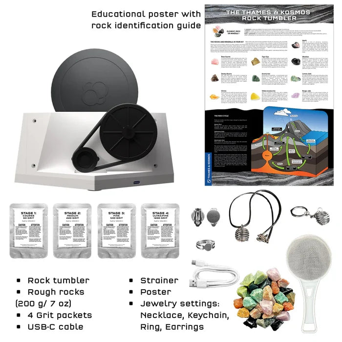 Educational rock tumbler kit with various components and a poster on a white background.
