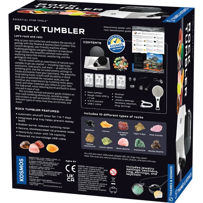 Kosmos rock tumbler packaging with product details and branding
