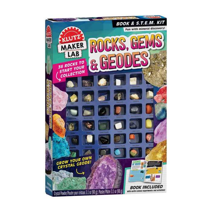Klutz Rocks, Gems & Geodes kit packaging with images of rocks and crystals on a white background