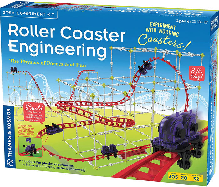 Box of a Roller Coaster Engineering STEM experiment kit with a toy train and tracks.