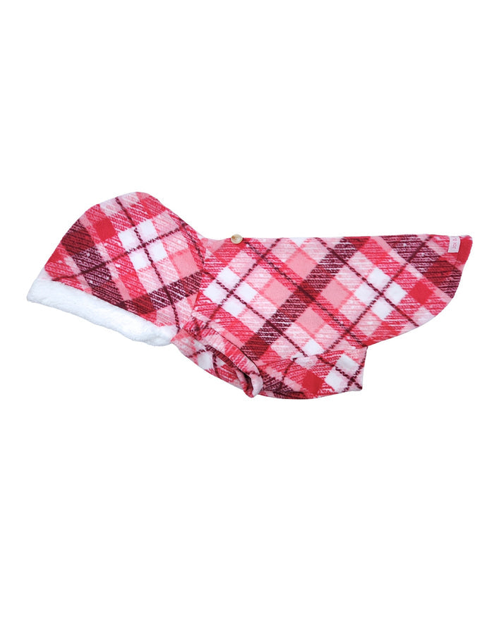 Rose and fuchsia plaid fleece dog sweater with white sherpa-trim hood, flat side view