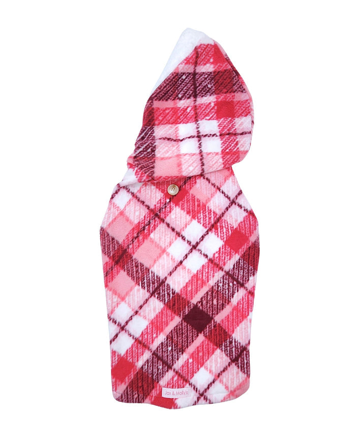 Rose and fuchsia plaid fleece dog sweater with white sherpa-trim hood, flat top view displaying button detail