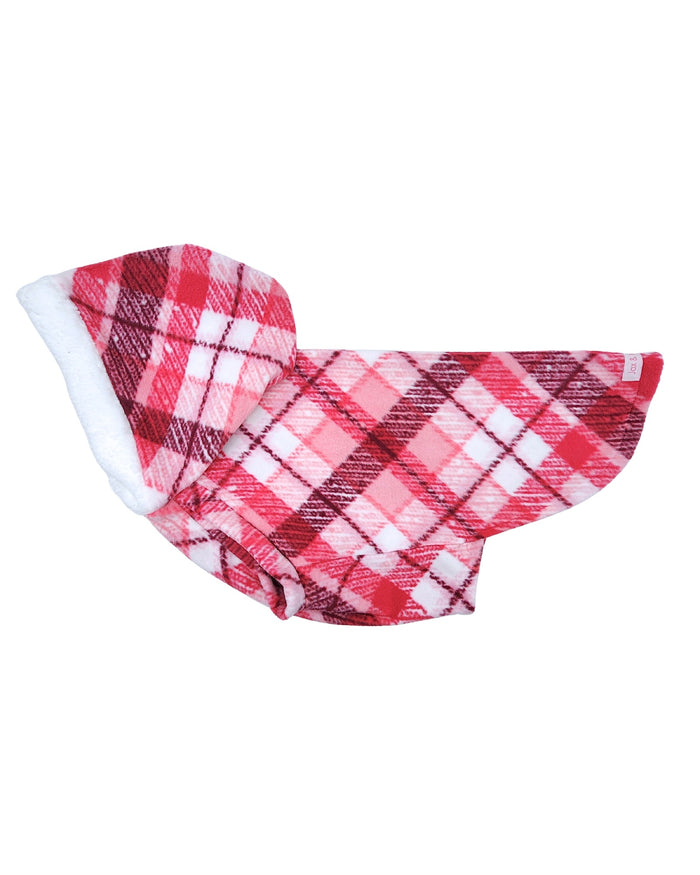 Rose and fuchsia plaid fleece dog sweater with white sherpa-trim hood, flat side view showing hood detail