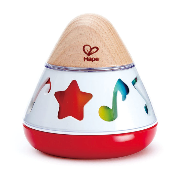 Hape Rotating Music Box with a wooden top, colorful musical notes, and a red base, on a white background