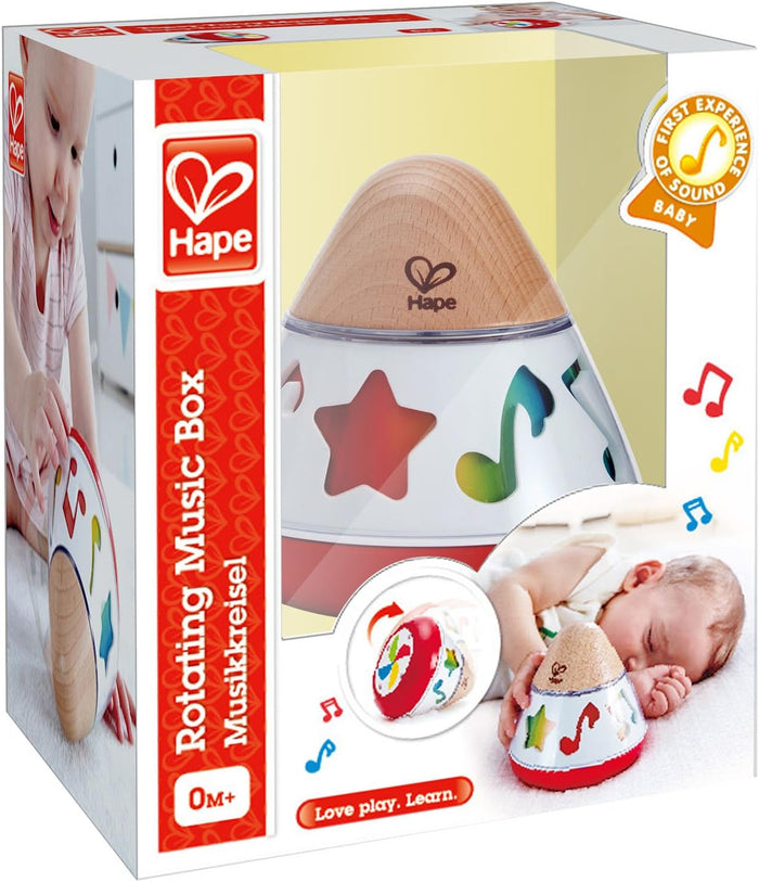 Packaging for the Hape Rotating Music Box on a white background