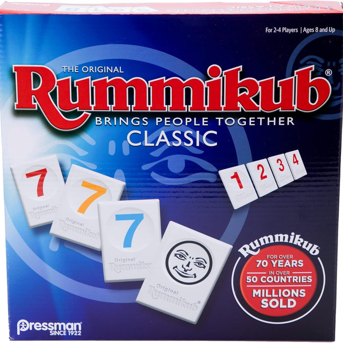 Rummikub game box with playing cards and text on a blue background