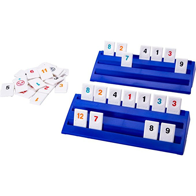 Contents of Rummikub on a white background.