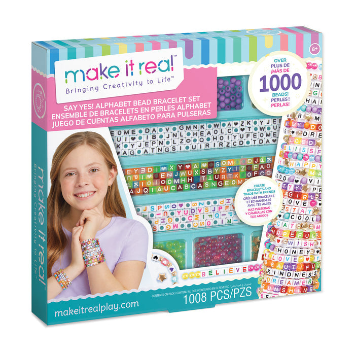 Make It Real! alphabet bead bracelet set packaging with colorful beads and girl wearing bracelets.