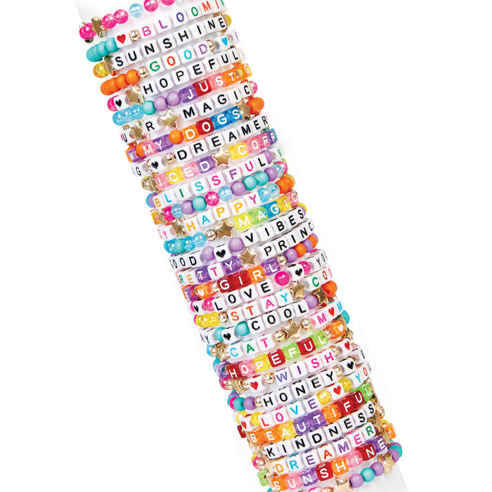 Colorful beaded bracelets with various words on a white background