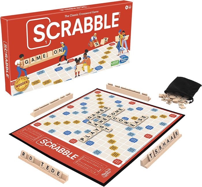 Scrabble board game set with tiles and board on a white background