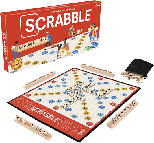 Scrabble board game set with tiles and board on a white background