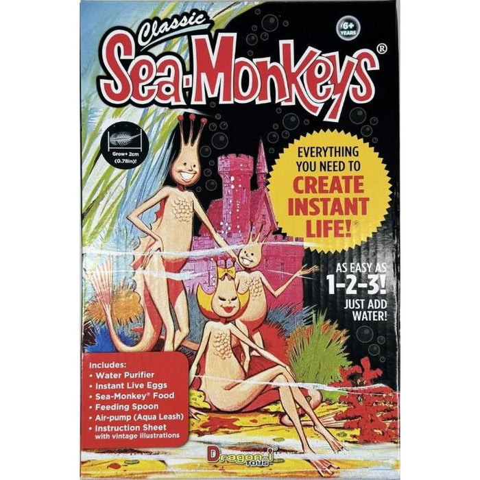 Box of Sea Monkeys with cartoon sea monkeys and text on a colorful background