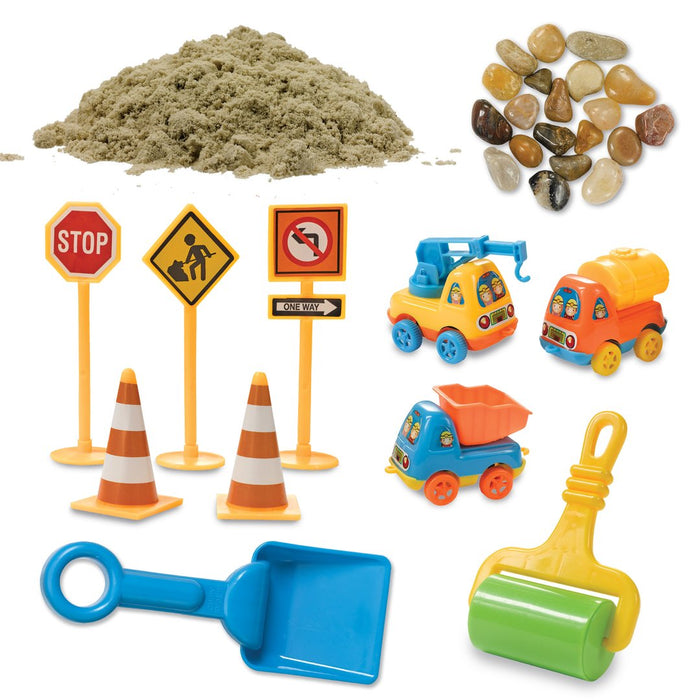 Contents of a construction theme Sensory Bin on a white background