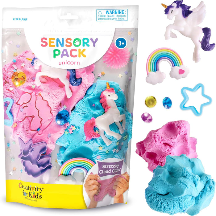 Sensory pack for children with unicorn items and blue and pink stretchy cloud clay.