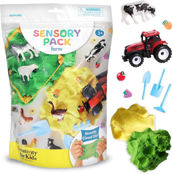 Sensory pack for children with farm themed items and green and yellow stretchy cloud clay.