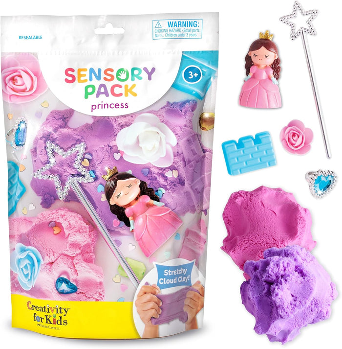 Sensory pack for children with princess themed items and pink and purple stretchy cloud clay.