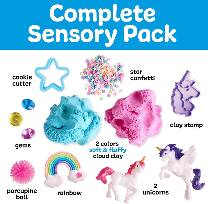 Contents of Unicorn Sensory Pack on a white and blue background