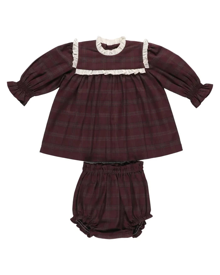 set outfit plaid ruffled shirt and bloomers - plum