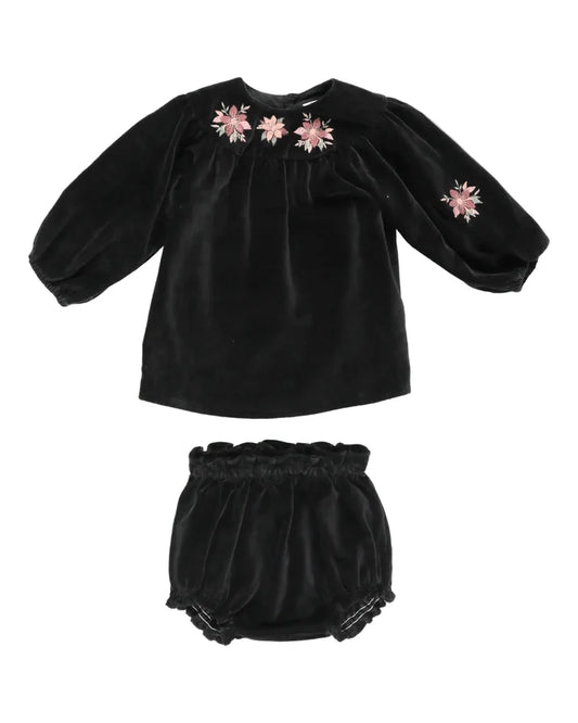 set outfit velour embroidered shirt and bloomers - black