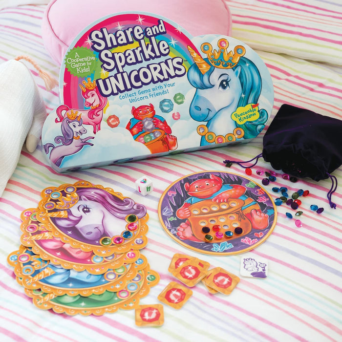 Contents of Share and Sparkle Unicorns on a multicolored background.