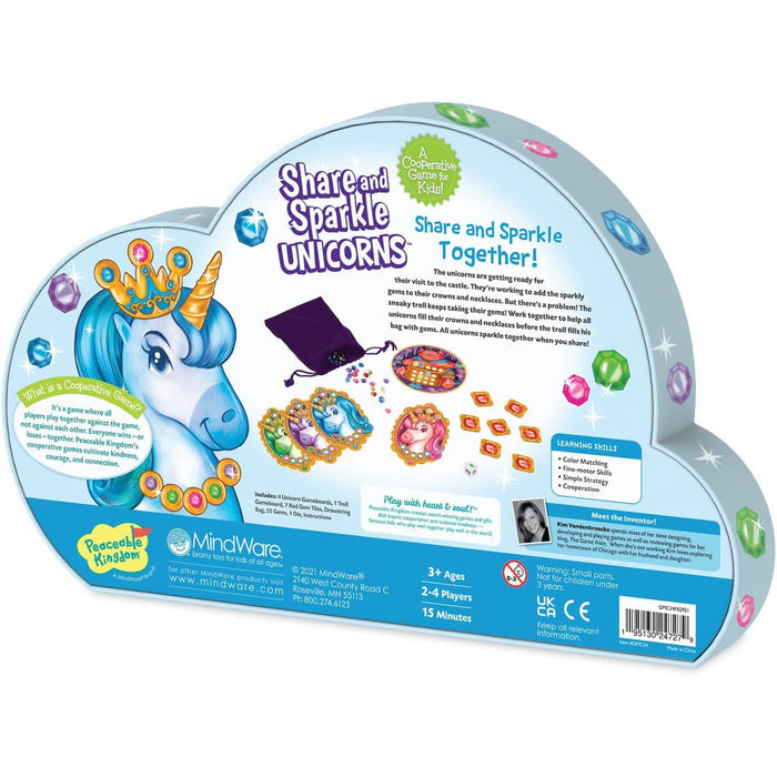Back of the box forShare and Sparkle Unicorns on a white background.