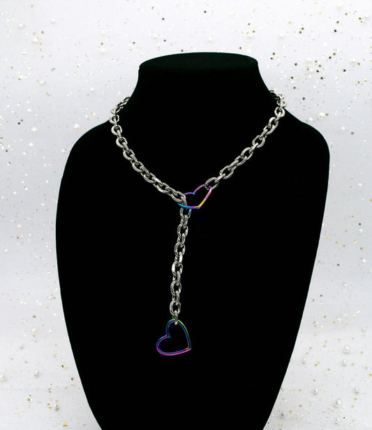 Silver and Rainbow Heart O-link Slip Chain Collar