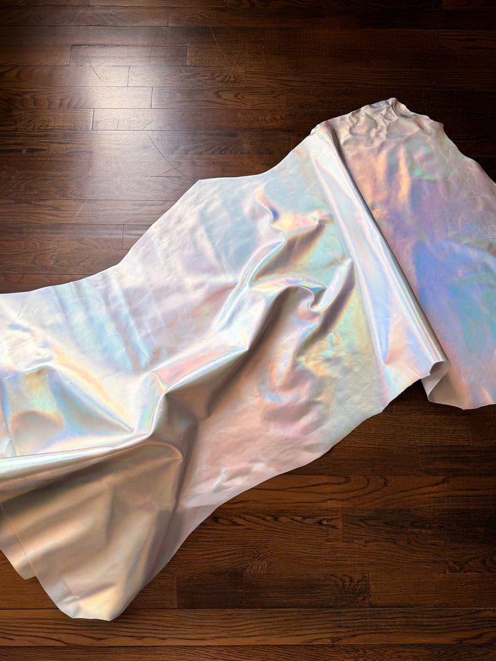 Silver Iridescent Metallic Cowhide close view showing grain and texture